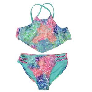 2/$15 Wonder Nation Girls Swimsuit Pink Green SZ 10 Large Silver 2 Piece Ruffle